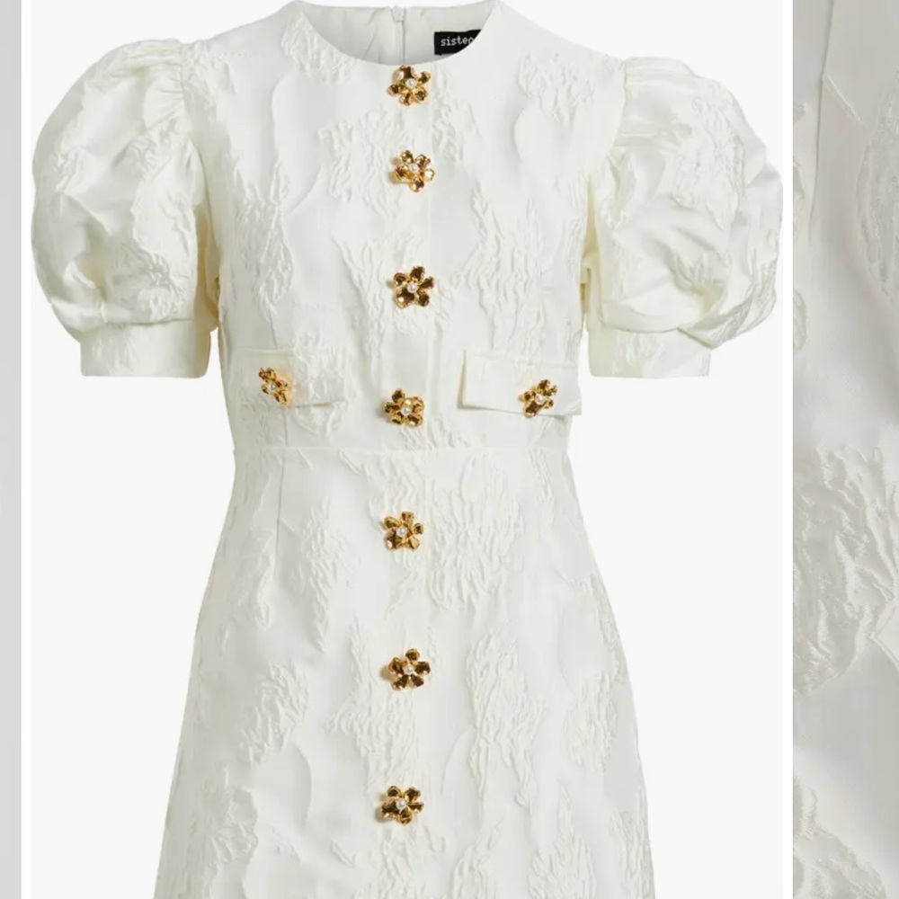 Sister Jane White Brocade Puff-Sleeve Dress with Gold Buttons
